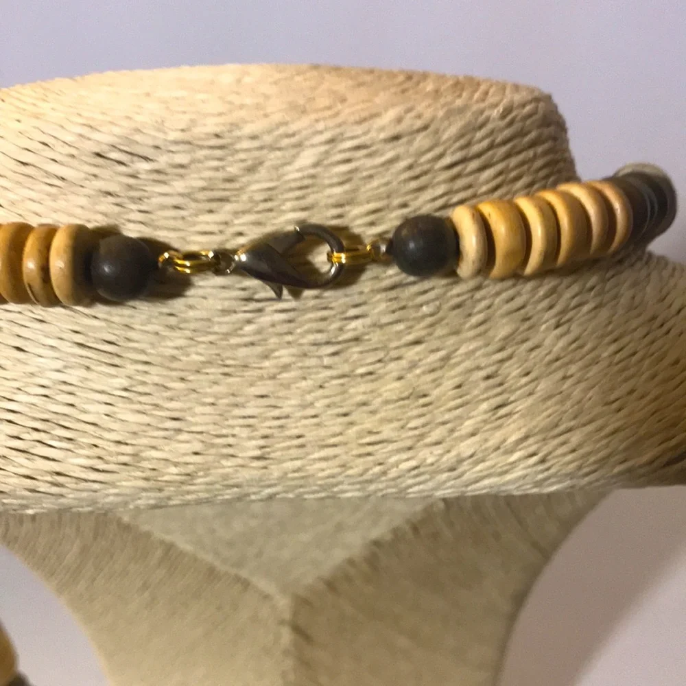 Necklace beaded wood metal cream brown vintage boho neutral tribal summer